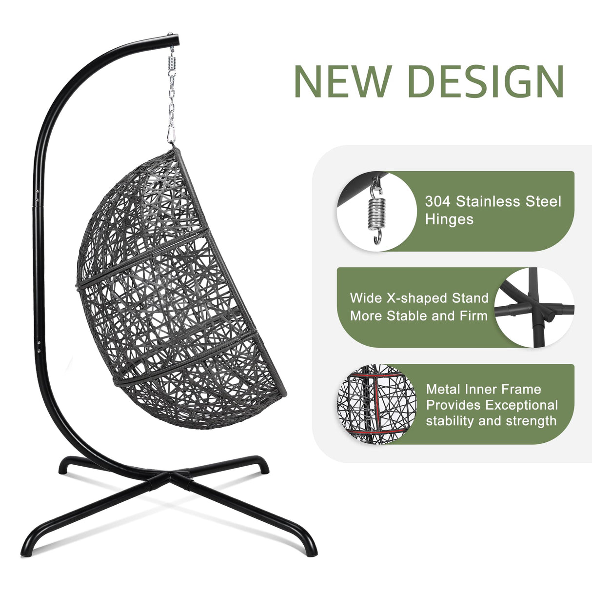 NICESOUL Oversized Patio Swing Egg Chair, Cozy Bird Cage Hanging Basket Chairs with Stand, Indoor Outdoor Large Rattan Swinging Chair, 450 lbs Sturdy Egg-Shape Padded Seat for Balcony Outside, Beige NICESOUL