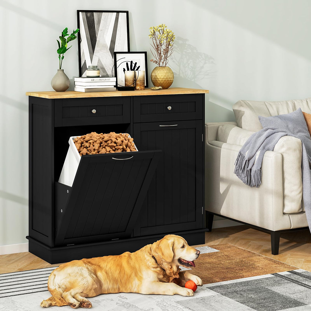 LOKO Kitchen Tilt Out Trash Cabinet, Modern Trash Cabinet with 2 Drawers & Adjustable Shelf, Pet Proof Trash Can Cabinet with Rubber Wood Tabletop, 39.5 x 14 x 35.5 inches (Black) LOKO