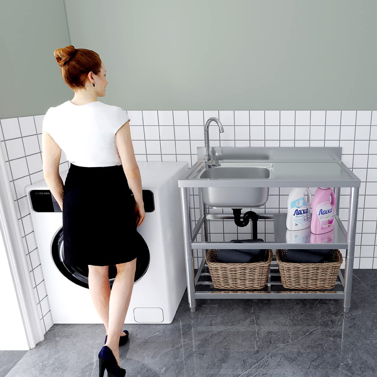 Free Standing Stainless-Steel Single Bowl Commercial Restaurant Kitchen Sink Set w/Faucet & Drainboard, Prep & Utility Washing Hand Basin w/Workbench & Double Storage Shelves Indoor Outdoor (39.5in) KINGBO