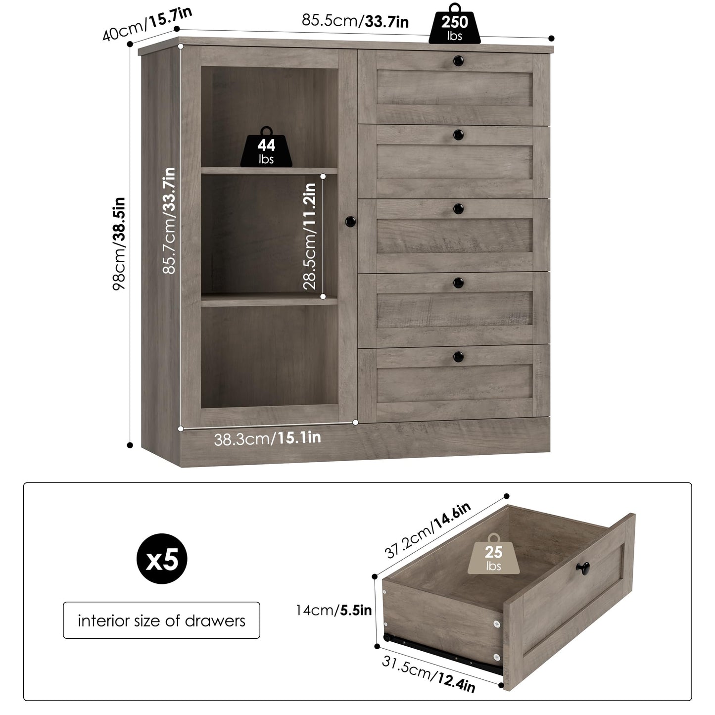 HOSTACK 5 Drawer Dresser with Door, Storage Cabinet with Drawers and Shelves, Wide Wood Dresser, Modern Chest of Drawers Organizers for Living Room, Kitchen, Hallway - WoodArtSupply