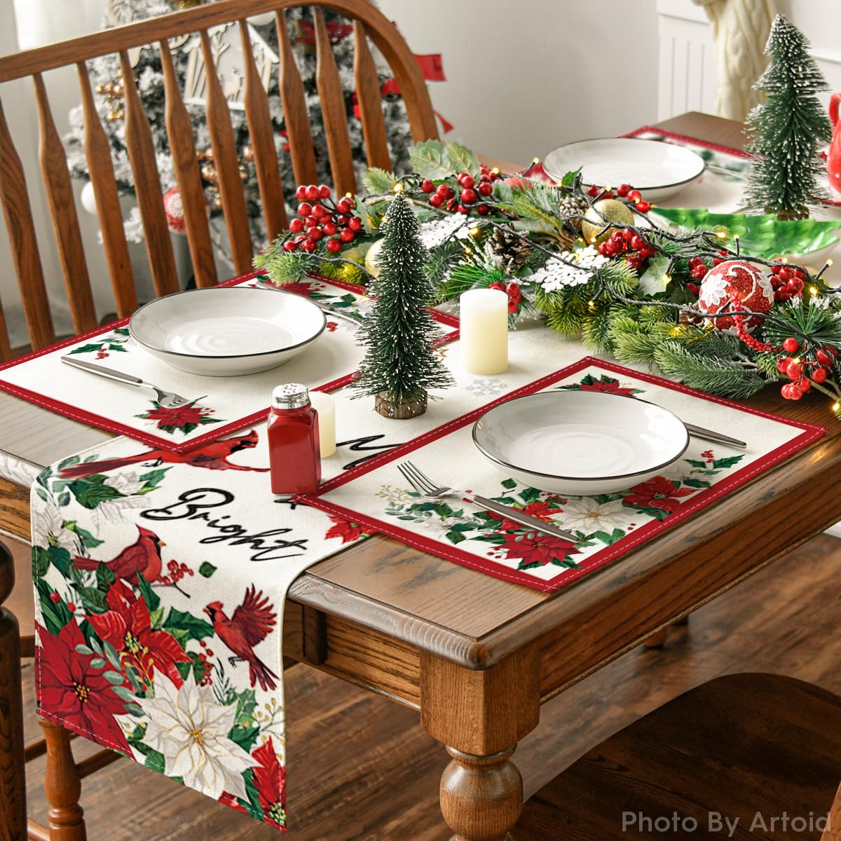 Artoid Mode Beige Leaves Poinsettia Christmas Placemats Set of 4, 12x18 Inch Seasonal Winter Table Mats for Party Kitchen Dining Decoration Artoid Mode