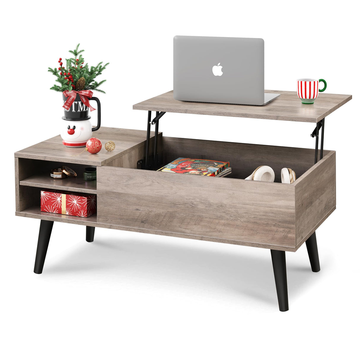 WLIVE Lift Top Coffee Table with Storage for Living Room,Small Hidden Compartment and Adjustable Shelf,Mid Century Modern ,Wood,Greige WLIVE