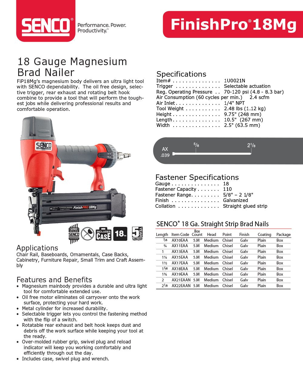 SENCO FinishPro® 18MG, 2-1/8" 18-Gauge Brad Nailer (ProSeries) - WoodArtSupply