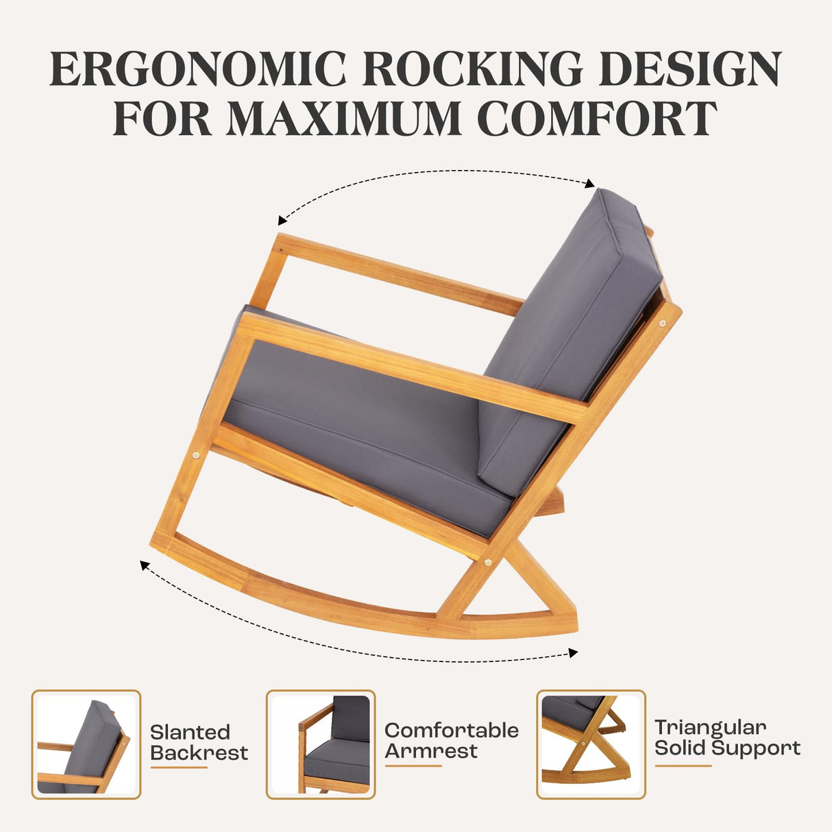 IDZO Premium Club Rocking Chair 500lbs Capacity with Inclined Backrest, Thick Foam, Solid Acacia Wood Rocker for Patio, Backyard, Balcony, Porch, 2 Cushions_Grey IDZO