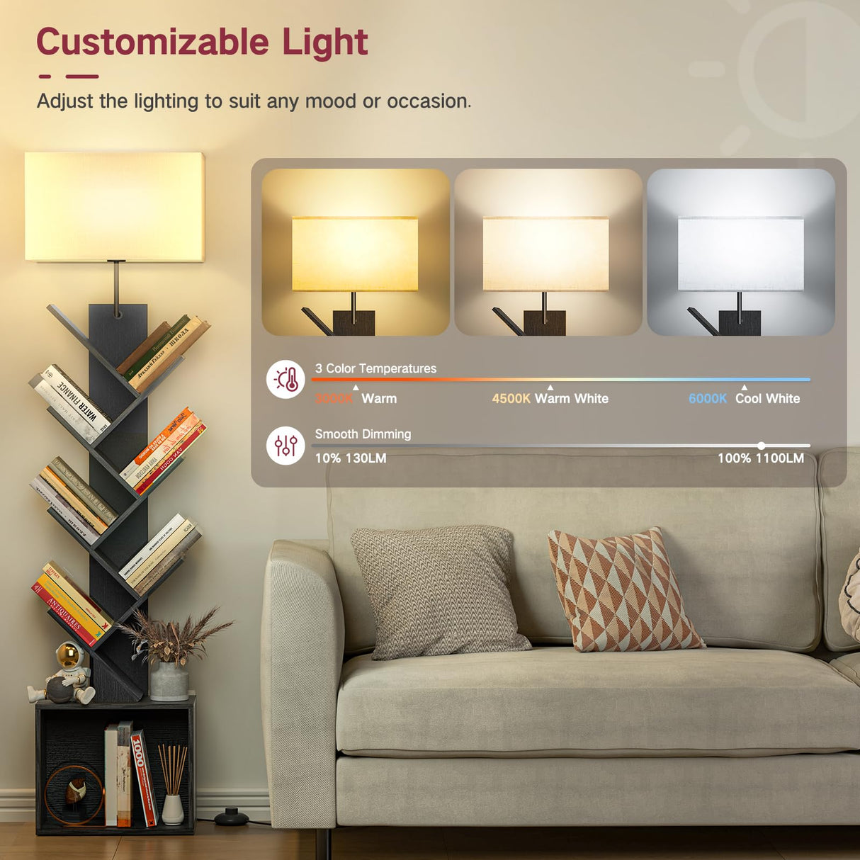 OUTONLIFE 9 Tier Tree Bookshelf with Light, Remote, Timer & Cabinet, Dimmable Modern Tall Floor Standing Corner Book Shelf, Small Narrow Wood Bookcase for Living Room, Bedroom, Office(Black) OUTONLIFE