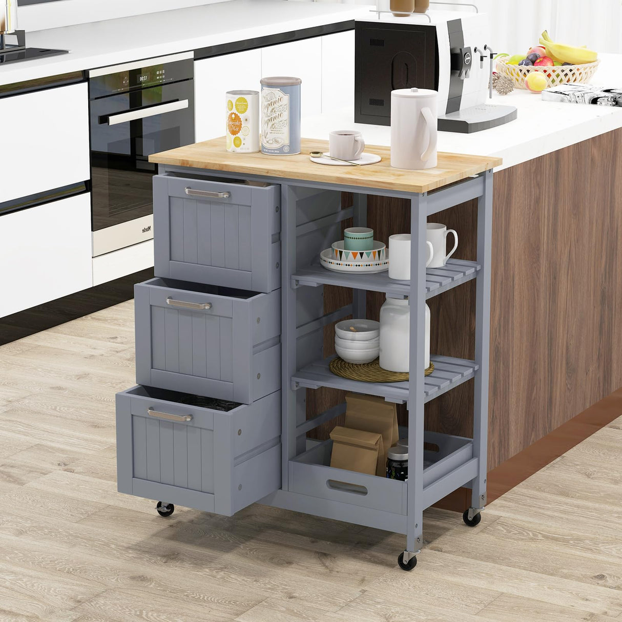 GOFLAME Kitchen Island Cart on Wheels with Storage, Versatile Rolling Cart with Wood Countertop, 3 Drawers, Removable Tray & Lockable Casters, Mobile Serving Trolley for Kitchen, Dining Room, Grey GOFLAME