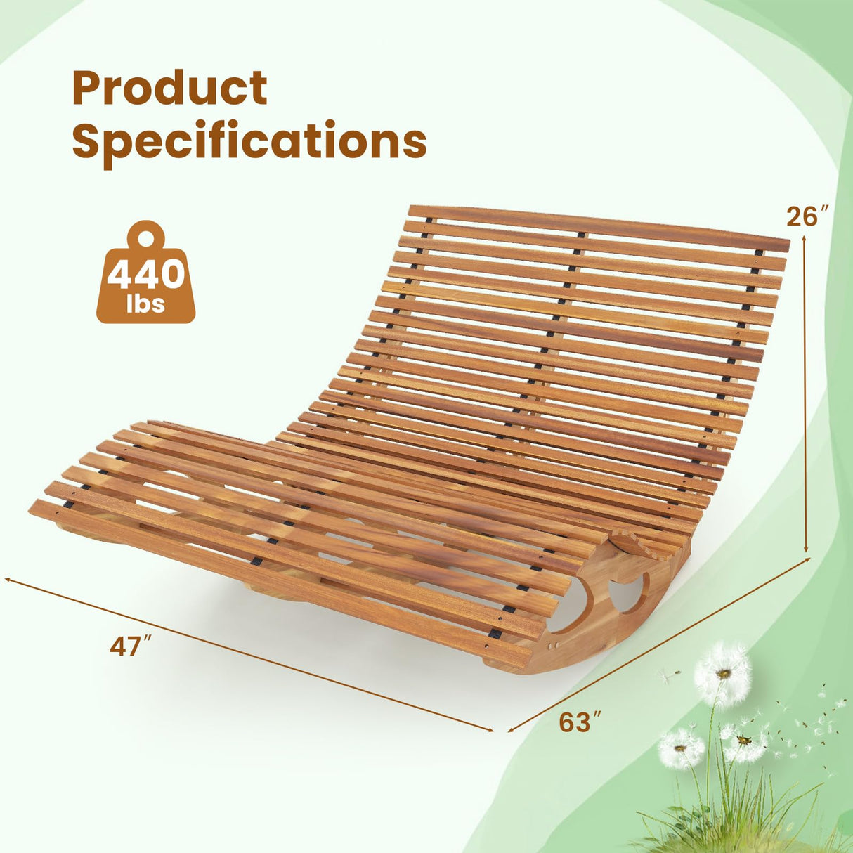 HAPPYGRILL Outdoor Acacia Wood Double Chaise Lounge, Rocking Chair with High Back, Slatted Seat, Stopper, Outside Wood Rocker for 2, 440 Lbs Capacity Sun Lounger Loveseat HAPPYGRILL
