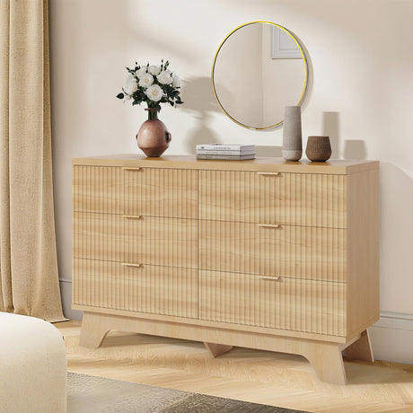 Garvee 6 Drawer Dresser for Bedroom, 47" Wide Mid Century Modern Dresser with Gold Handle, Fluted Dressers Chest of Drawers, TV Stand,Storage Organizer for Living Room,Hallway,Entryway,Oak Garvee