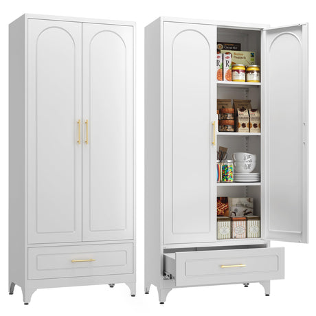 Metal Storage Cabinet with Drawers,75Inch White Pantry Cabinets for Kitchen Storage with 3 Adjustable Shelves,Tall Kitchen Pantry Cabinet for Living Room, Dining Room Office SteeLoong