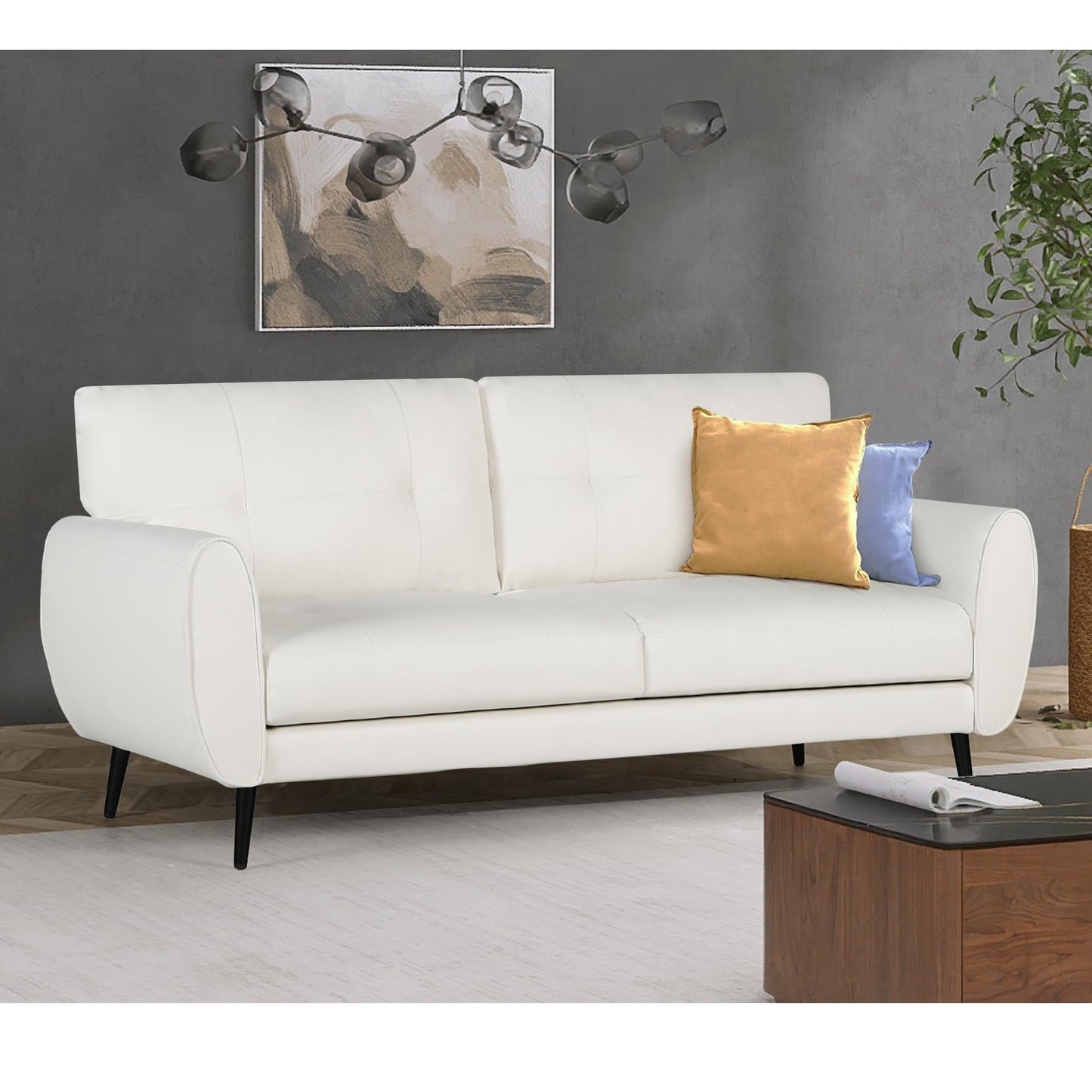 VAMEPOLE Sofa Couch, 60" Loveseat Sofa for Living Room, Mid Century Mini White Couch, Tufted Leather Love Seat Furniture, Comfy Office Sofa 2 Seat, Small Couches for Small Spaces, Bedroom, Apartment