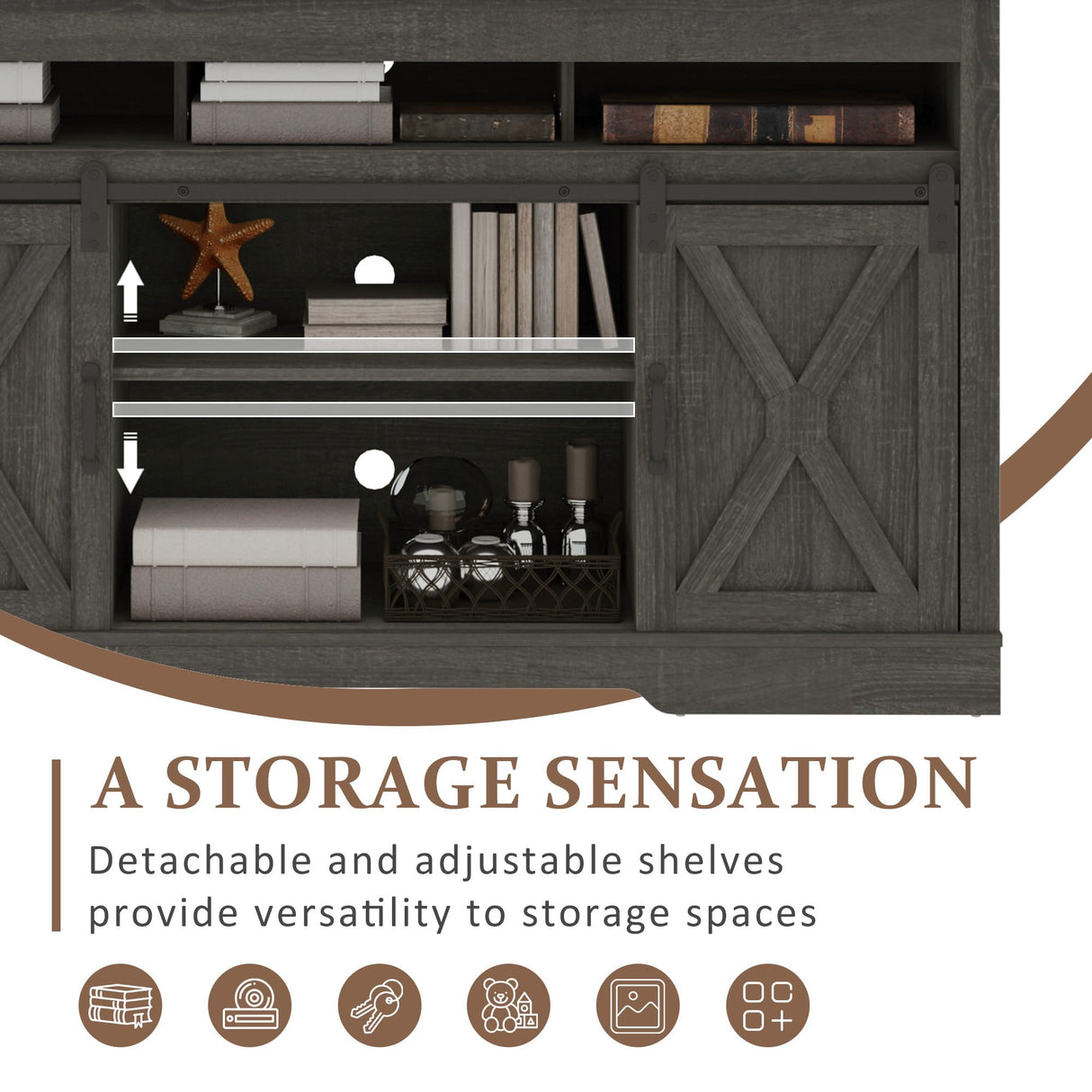 FansaFurn Farmhouse TV Stand for 65+ Inch TV, 34'' Tall Entertainment Center with Sliding Barn Doors, Rustic Wood Media Console Storage Cabinet Television Stand for Living Room, Bedroom (Dark Grey) FansaFurn