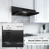 Zomagas Under Cabinet Range Hood 30 inch, Ducted/Ductless Convertible Kitchen Stove Hood, Stainless Steel Vent Hood w/Rocker Button Control, 2 Speeds Exhaust Fan, 280CFM, Black Zomagas