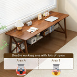 Extra Long NELYE Solid Wood Desk with Bookshelf - 2-Person Workstation in Walnut NELYE