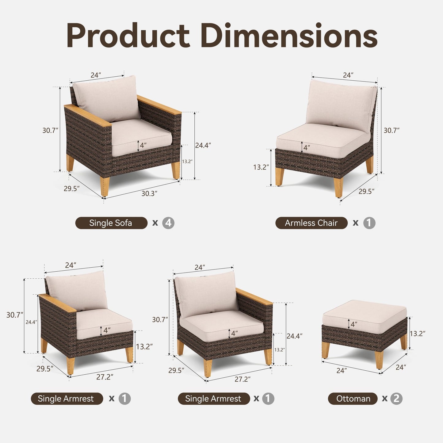 GREEN PARTY 9 Pieces Wicker Patio Furniture Set, All-Weather Outdoor Rattan Patio Sectional Sofa Conversation Set with 4" Thick Cushions for Garden, Backyard, 2 x Ottomans - WoodArtSupply