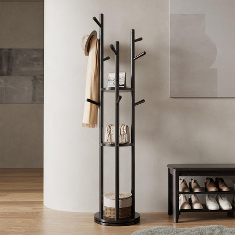 KungFuWood KASLANDI Coat Rack, Solid Wood Rotary Coat Rack Stand, Freestanding Coat Rack with 3 Shelves and 9 Hooks, Sturdy and Easy to Assemble Coat Tree for Entryway, Bedroom, Coats, Bags (Black) 1 KungFuWood