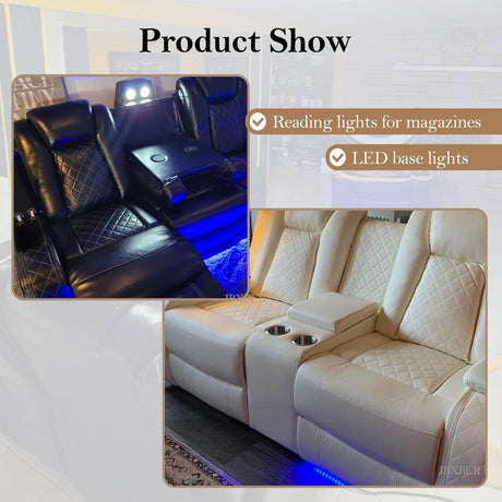 JBXBER Power Recliner Sectional Sofa Set, Black Leather Sectional Couch for Living Room, L Shape Reclining Sofa with Led Lights, Cup Holder, Pull-Down Table for Home/Office(6 Seat) JBXBER