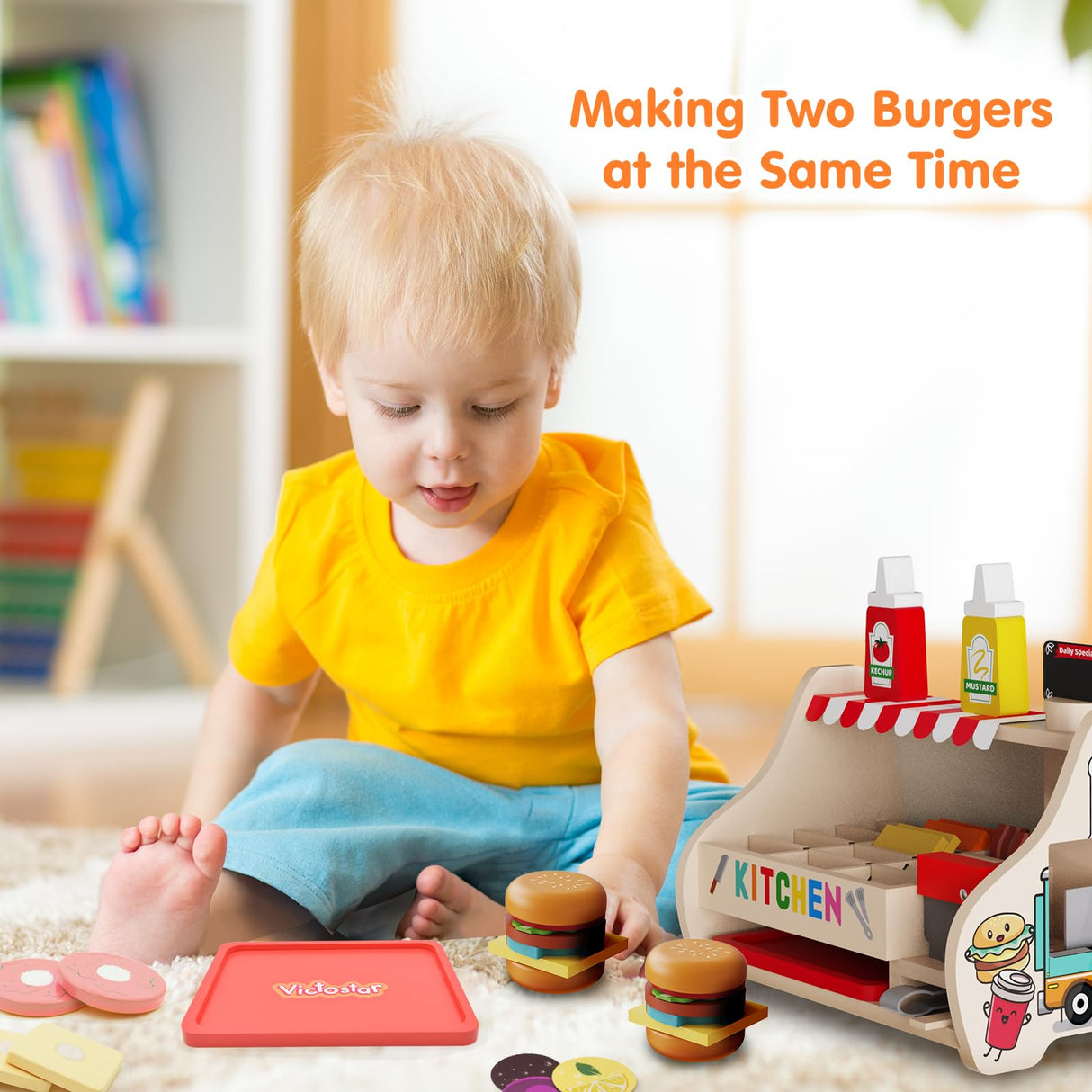 Victostar Wooden Play Food Set (58 pcs) Slice & Stack Sandwich Counter, Pretend Play Store Food Toys, Burger Shop Toys for Boys and Girls Victostar