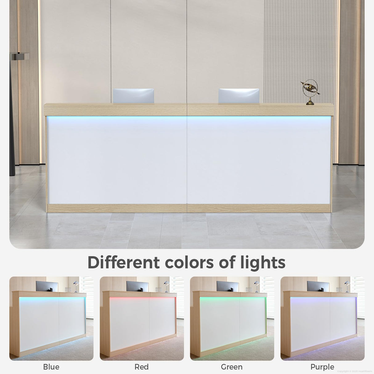 Huariifowm LED Reception Desk with Drawers & Lockers – Modern Front Counter Desk for Office, Salon, Spa, Hotel Lobby or Retail Store (White+ Maple, 71" L*24W*39" H) Huariifowm