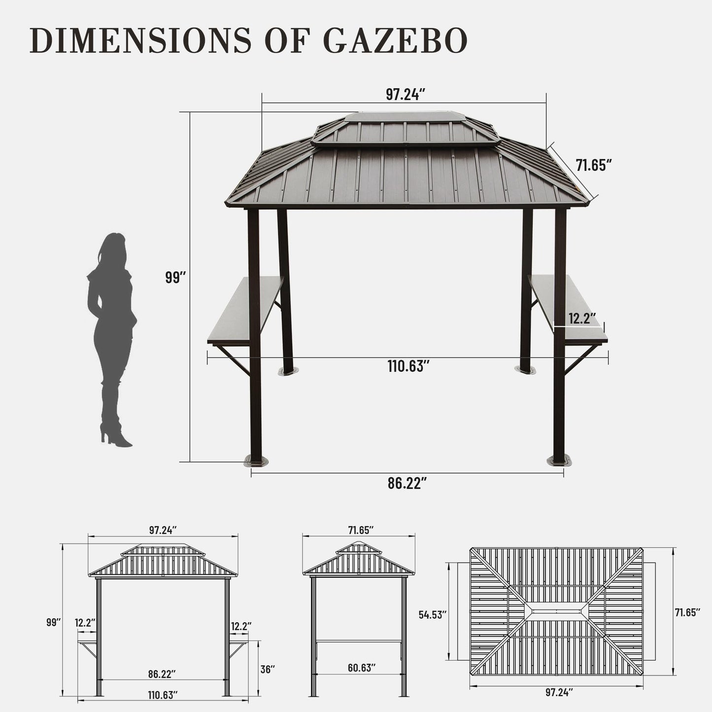 Domi Grill Gazebo 8' X 6', Outdoor Aluminum Hardtop BBQ Gazebo Canopy Double Roof with Shelves Serving Tables and Hooks for Patio Lawn Backyard Deck