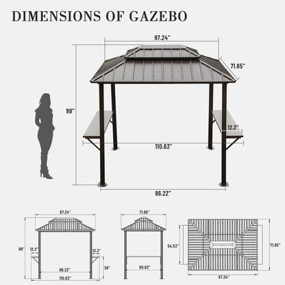 Domi Grill Gazebo 8' X 6', Outdoor Aluminum Hardtop BBQ Gazebo Canopy Double Roof with Shelves Serving Tables and Hooks for Patio Lawn Backyard Deck - WoodArtSupply