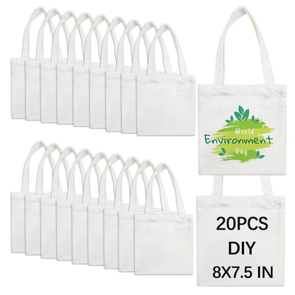 OKBA 20 Pcs 8X7.5 Inch Sublimation mini tote bags,Blank Canvas Tote Bags Reusable Grocery Bags, small tote bags for kids DIY (White)