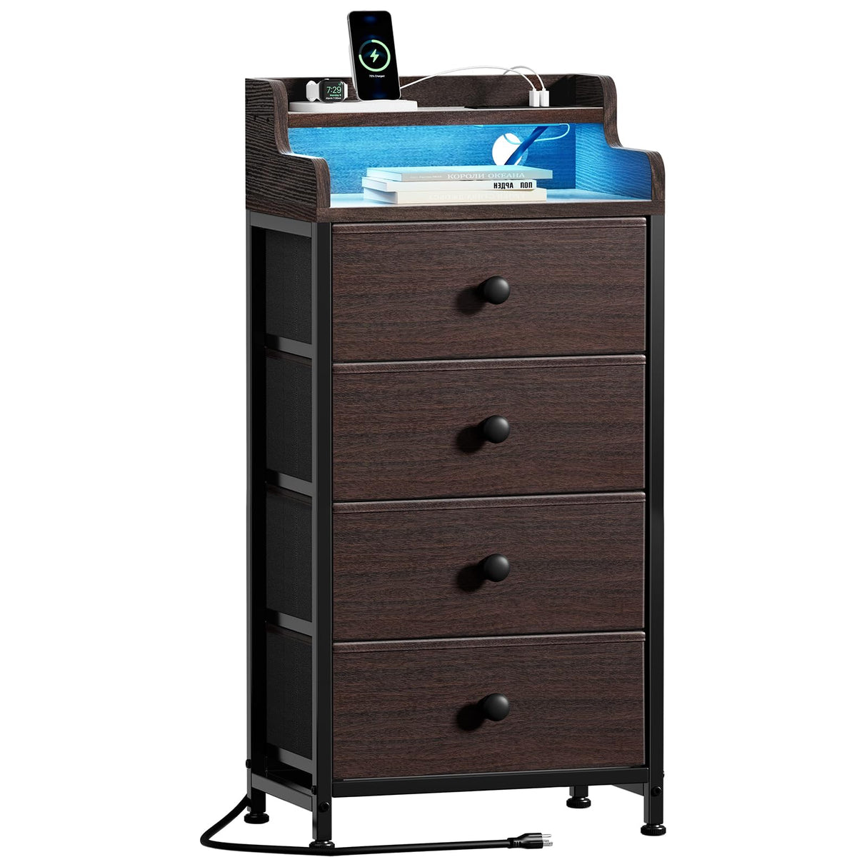 REAHOME Nightstand with Charging Station and LED Light, Tall Brown Night Stand with 4 Drawers and 2-Tier Shelf, Bedside Table with Sturdy Steel Frame Wood Top for Bedroom, Living Room - Brown REAHOME