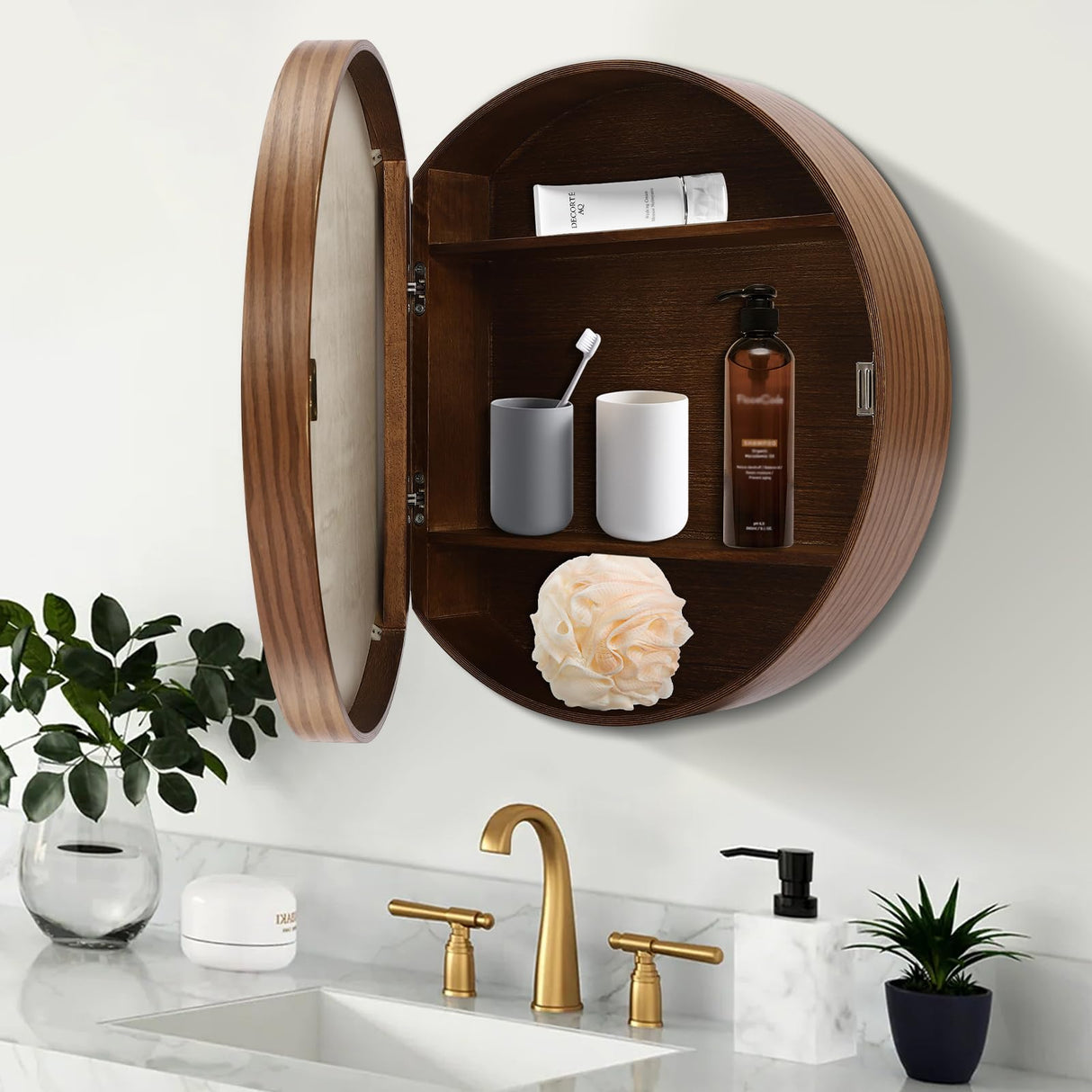 ZHIMIFU 20 x 20 Inch Round Medicine Cabinet Bathroom Mirror Cabinet Wall Mounted or Recessed Storage Cabinet Wood Frame Vanity Wall Mirrors for Home Bathroom Decor (Walnut) ZHIMIFU