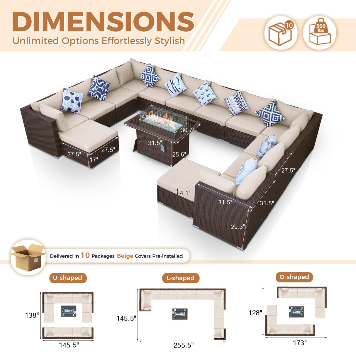 BULEXYARD 15 Piece Highback Wicker Patio Furniture Sets with Firepit, All-Weather Heavy Duty Outdoor Conversation Set Modular, Extra Deep Wide 14-Seats Sectional Couch Sofa for Backyard, Brown & Beige BULEXYARD