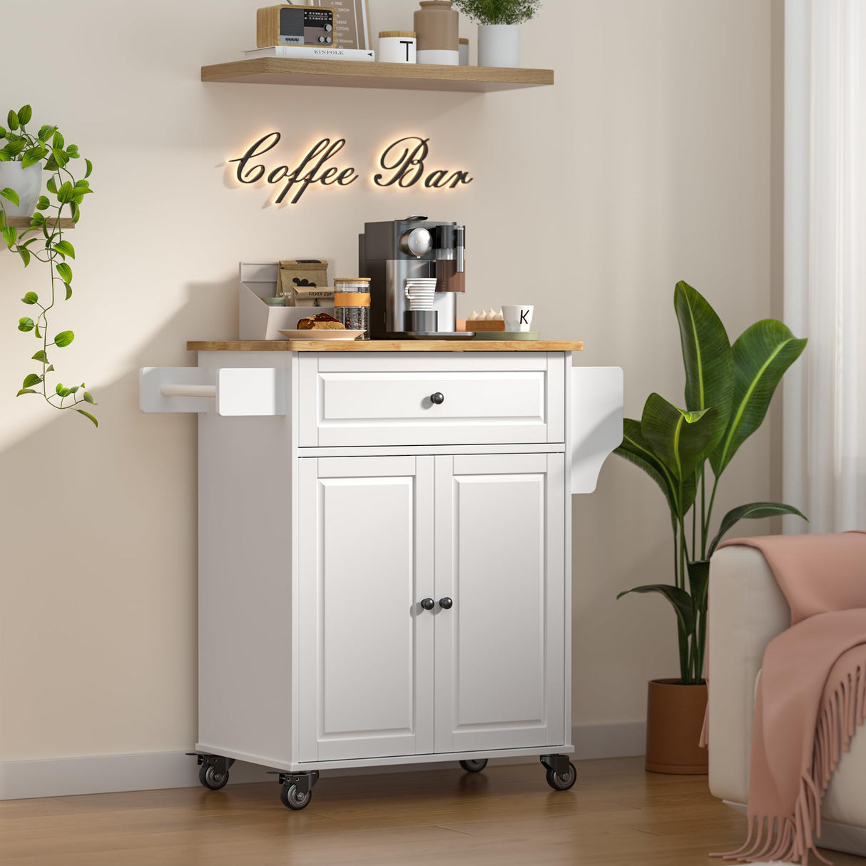 Gizoon White Kitchen Island Cart with Adjustable Shelves, Drawer, and Movable Wheels Gizoon