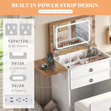 AMERLIFE 3-in-1 Makeup Vanity with Sliding Stool, Fold-up Panel, Divided Storage & Power Port, Farmhouse Makeup Table with Adjustable LED Light, for Small Space, White & Barnwood AMERLIFE