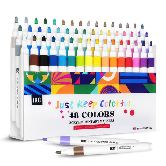 JKC 48 Colors Acrylic Paint Markers Set, Acrylic Paint Pens with Medium Tip for Kids Adults, Acrylic Markers for Rock Painting, Pumpkin Stone, Canvas, Wood, Paper, Glass, Ceramic, Fabric, Pla - WoodArtSupply