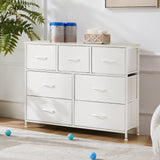 DUMOS Dresser for Bedroom, Chest of Drawers, Closet Storage with 7 Drawers, Cloth Dresser Clothes Organizer Tower with Fabric Bins, Metal Frame, Wood Tabletop for Nursery, Kids Room, White DUMOS