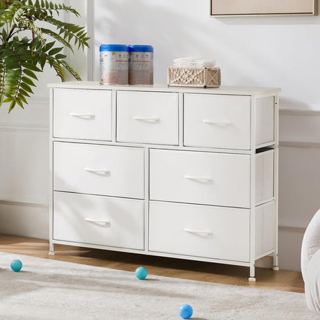 DUMOS Dresser for Bedroom, Chest of Drawers, Closet Storage with 7 Drawers, Cloth Dresser Clothes Organizer Tower with Fabric Bins, Metal Frame, Wood Tabletop for Nursery, Kids Room, White DUMOS