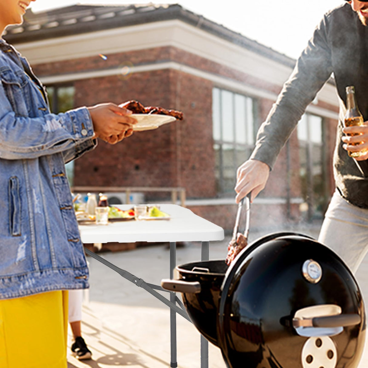 HYMnature Folding Table 4ft Heavy Duty Folding Tables Indoor Outdoor Plastic Dining Table Portable Folding Square Card Table w/Handle for Picnic, Party, Camping (4 FT) HYMnature