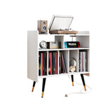LABROSKIA Record Player Stand with Vinyl Storage: White Wooden Cabinet for Turntable, Modern Media Console, Stereo LP Holder, Album Display Shelf with USB and Outlet (White) LABROSKIA