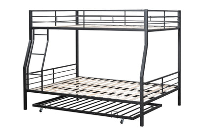 DNYN XL Over Queen Metal Bunk Bed with Trundle and Wood Slat Support in Black - Space-Saving Design for Kids and Guests - WoodArtSupply