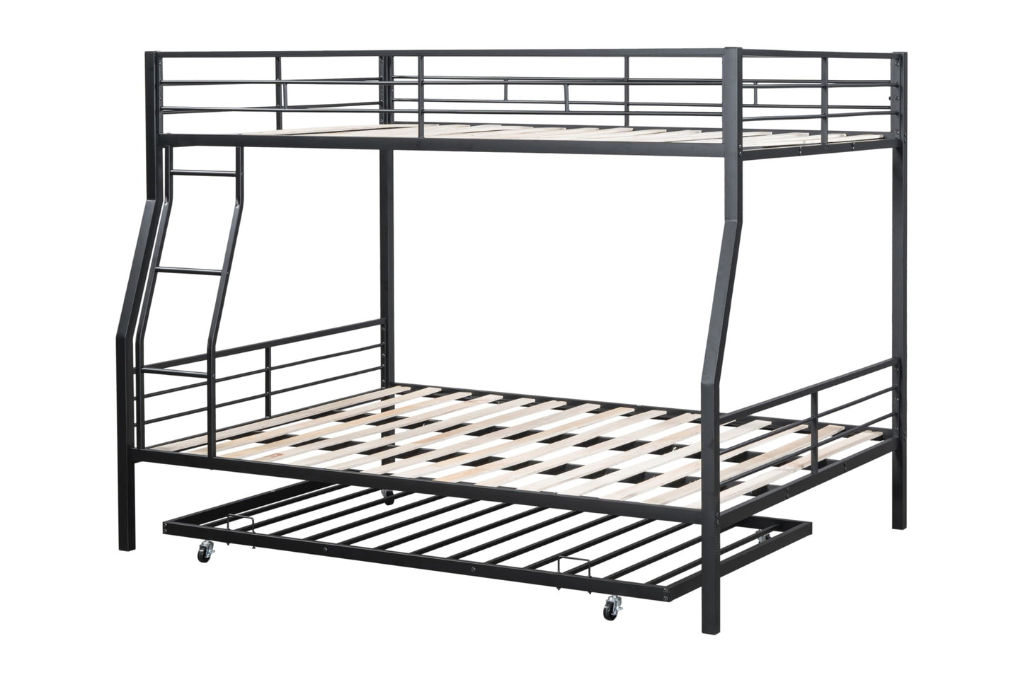 PVWIIK Bunk Bed Full Over Queen with Trundle and Ladder for Girls/Boys/Teens/Adults,Heavy Duty Bunk Bed Frame w/Wood Slat Support,No Box Spring Needed,Black