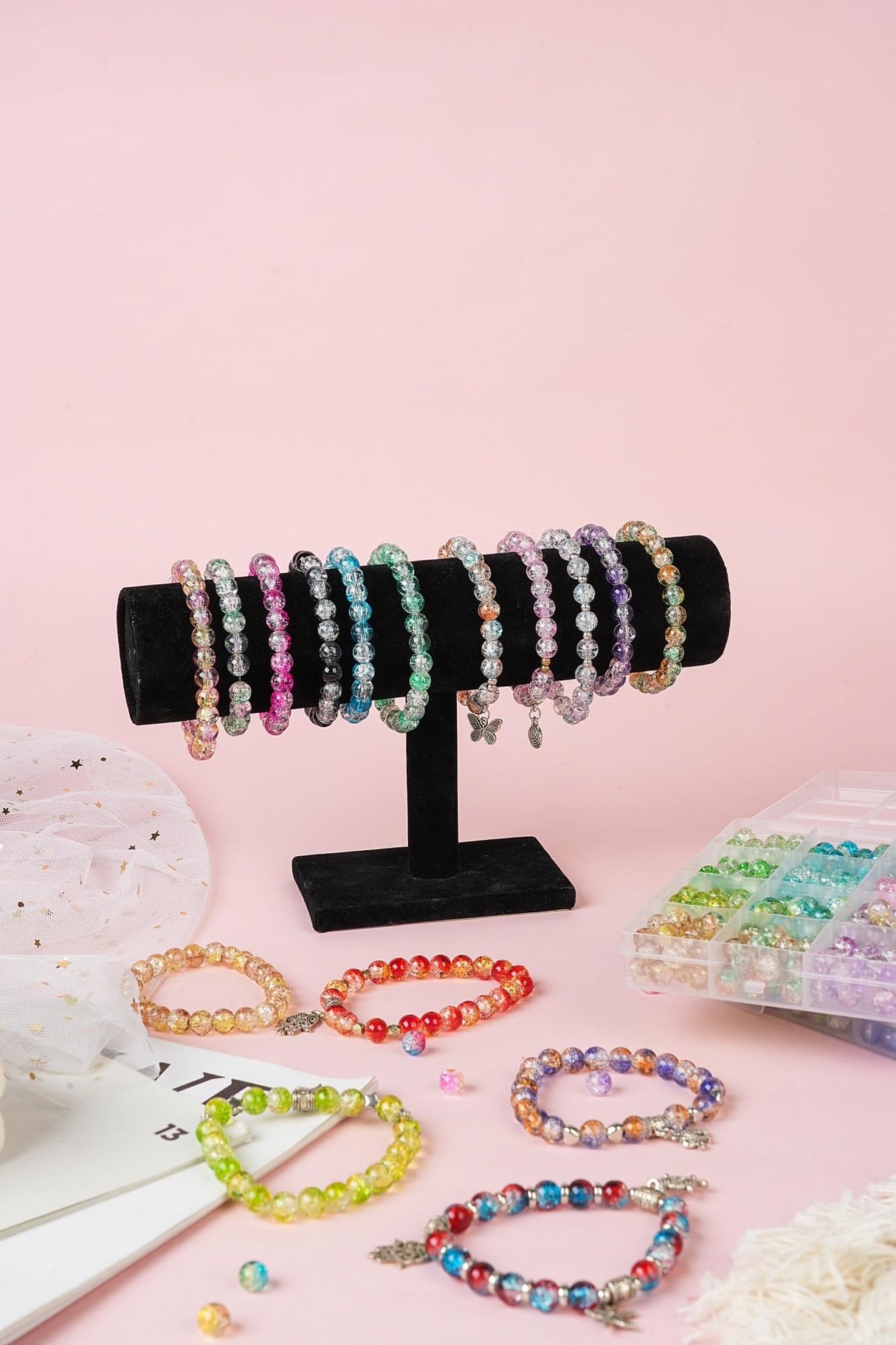 1300PCS 8mm Mixed Crackle Glass Beads for Bracelets Making with Accessories, 48 Colors Crystal Glass Beads Jewelry Making Kit, Round Beads for DIY Bracelet Crafts REVKI