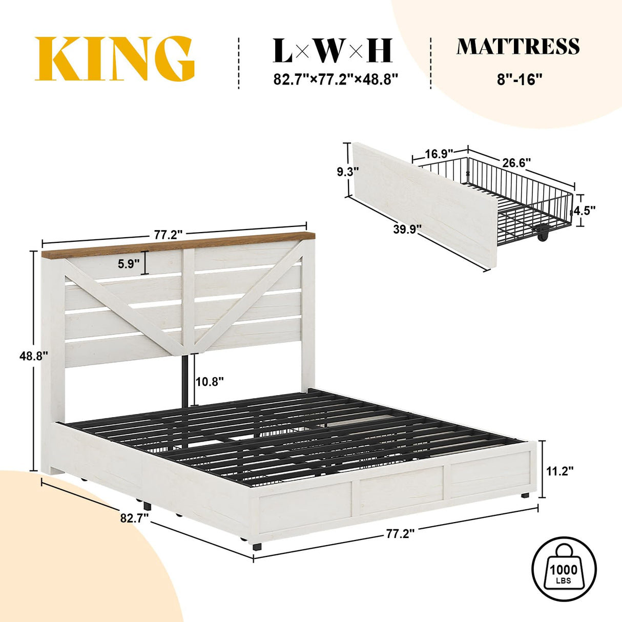 AMERLIFE King Size Farmhouse Bed Frame with 4 Drawers, Wooden Storage Bed Frame with Headboard and Heavy Duty Metal Slats, Noisy Free, Easy Assemble, White/Barnwood AMERLIFE