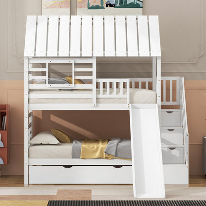 MERITLINE House Bunk Beds Twin Over Twin with Slide, Twin Bunk Bed with Storage Stairs and Trundle, Wood Kids Bunk Bed with Roof and Window Design for Girls, Boys,White