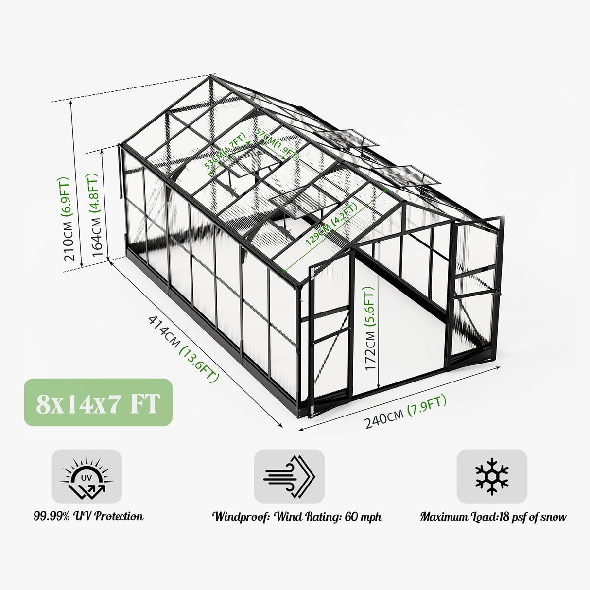 PaPaJet 8x14 FT Polycarbonate Greenhouse with Quick-Connect Fittings, Walk-in Large Aluminum Greenhouse with 2 Swing Doors, Winter Greenhouse for Outdoors Black PaPaJet