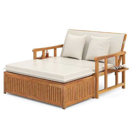 LDAILY Moccha Acacia Wood Outdoor Daybed - Wooden Loveseat Sofa with 4-Level Backrest, Storage Ottoman, Cushions, Outside Sunbed, Double Bed Lounger for Backyard Porch Pool Patio Furniture Set LDAILY