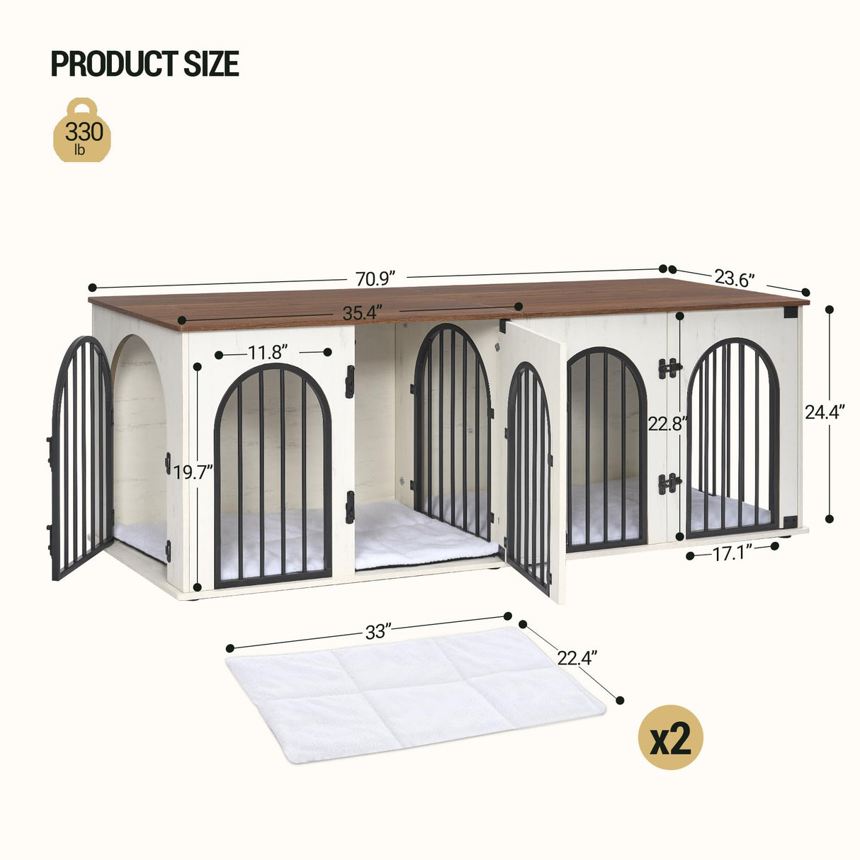Hzuaneri Dog Crate Furniture, 71" Heavy Duty Dog Kennels with Divider, Pads, Side Table, TV Cabinet, Wooden Dog Crate Furniture for 2 Dogs, Small/Medium/Large Dog, Anti-Chew, White Brown Hzuaneri
