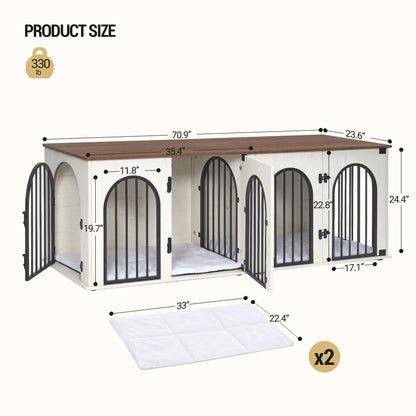 Hzuaneri Dog Crate Furniture, 71" Heavy Duty Dog Kennels with Divider, Pads, Side Table, TV Cabinet, Wooden Dog Crate Furniture for 2 Dogs, Small/Medium/Large Dog, Anti-Chew, White Brown - WoodArtSupply