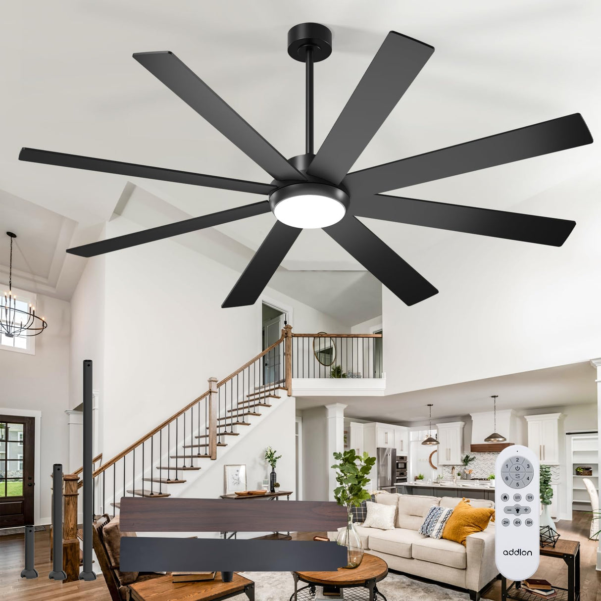 addlon 72 Inch Large Ceiling Fans with Lights, Black Ceiling Fan with Remote Control, Reversible, 5CCT, Dimmable, DC Motor, Modern Ceiling Fan for Living Room, Kitchen, Patio Indoor/Outdoor Use, addlon