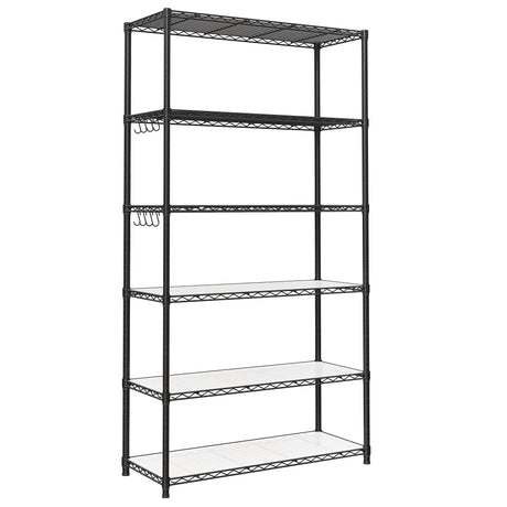 SONGMICS 6-Tier Storage Shelves, Wire Shelving Unit, Kitchen Metal Shelves, Storage Rack with Adjustable Shelves, Shelf Liners, 8 Hooks, for Garage, 13.8 x 35.4 x 69.7 Inches, Black ULGR096B01 SONGMICS