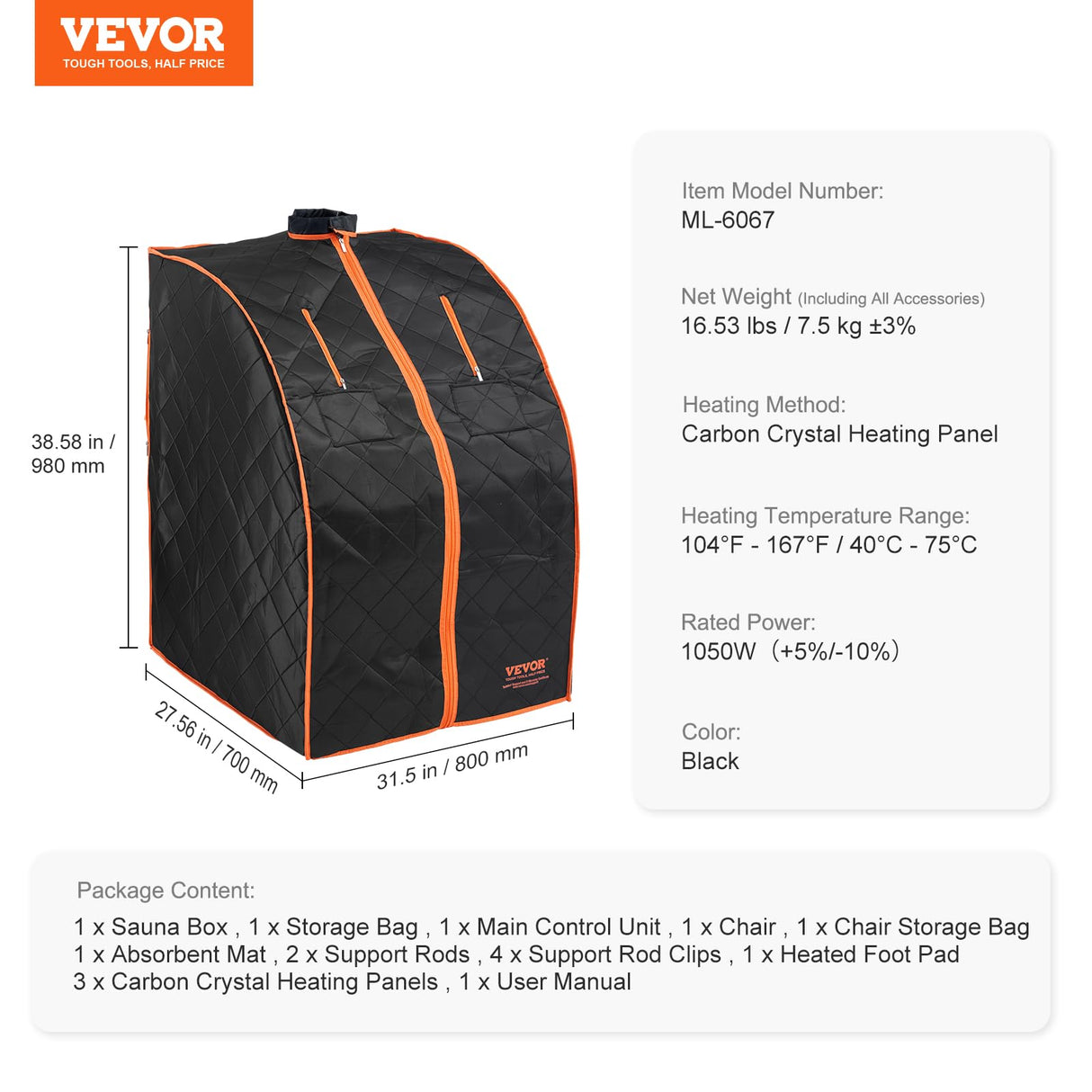 VEVOR Portable Sauna Tent Personal Sauna Kit for Home Spa, Detoxify & Soothing Infrared Heated Body Therapy, Time & Temperature Remote Control with Chair & Floor Mat 1050W VEVOR