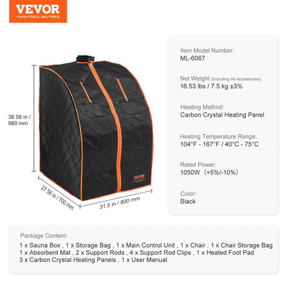 VEVOR Portable Sauna Tent Personal Sauna Kit for Home Spa, Detoxify & Soothing Infrared Heated Body Therapy, Time & Temperature Remote Control with Chair & Floor Mat 1050W