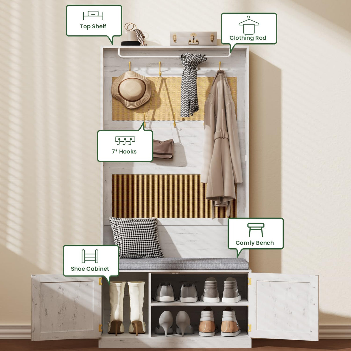 HOVANESTY Hall Tree with Bench and Shoe Storage, 5-in-1 Entryway Bench with Coat Rack, Padded Seat Cushion, 7 Tri-Hooks, Adjustable Shelf, Farmhouse Boho Furniture Organizer for Hallway, Rustic White HOVANESTY