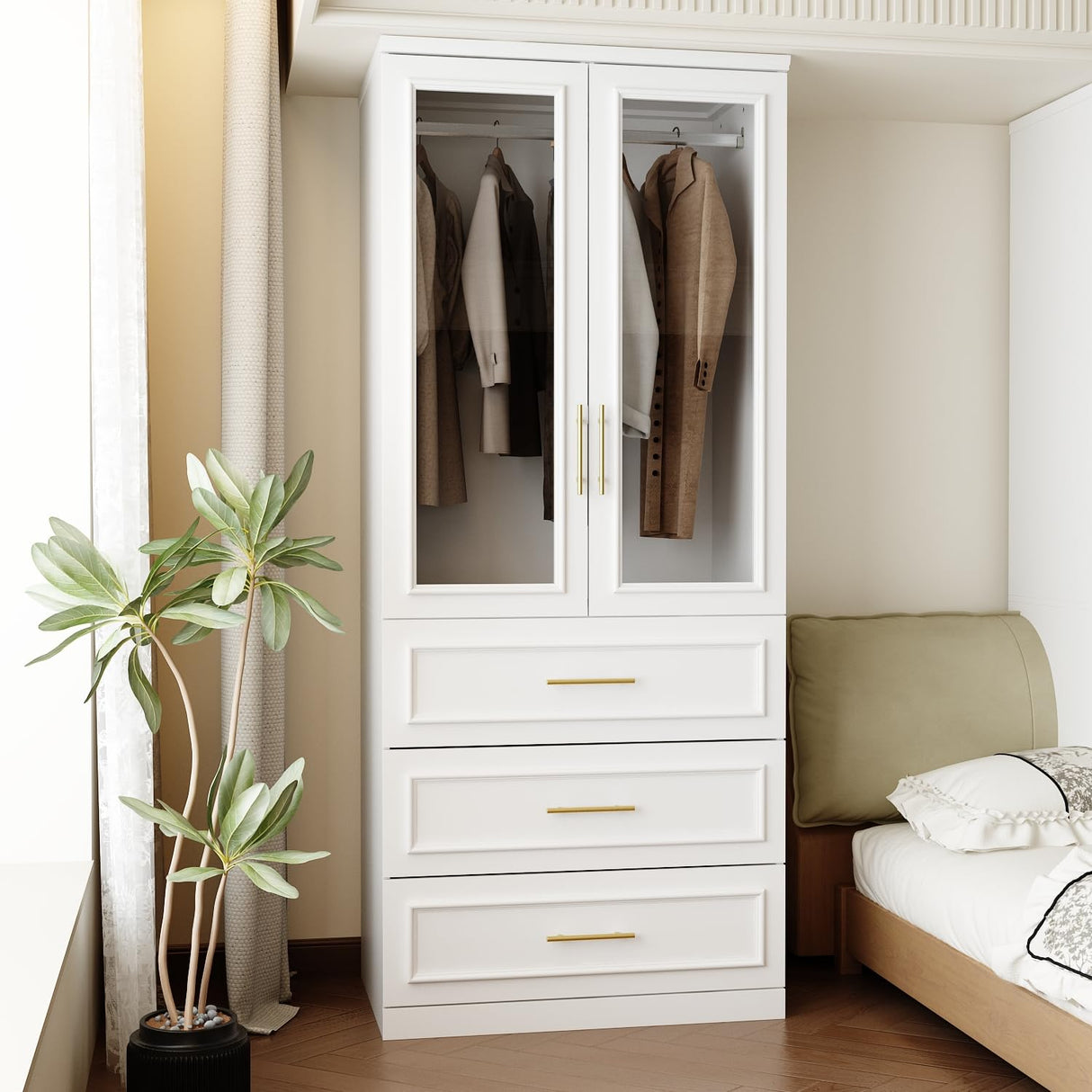 FUFU&GAGA Wardrobe Closet with Glass Doors, Modern White Bedroom Armoire with Gold Handles, Modern Clothes Storage Cabinet with 3 Drawers, Hanging Rod, 31.7”W x 19.3”D x 74.8”H FUFU&GAGA